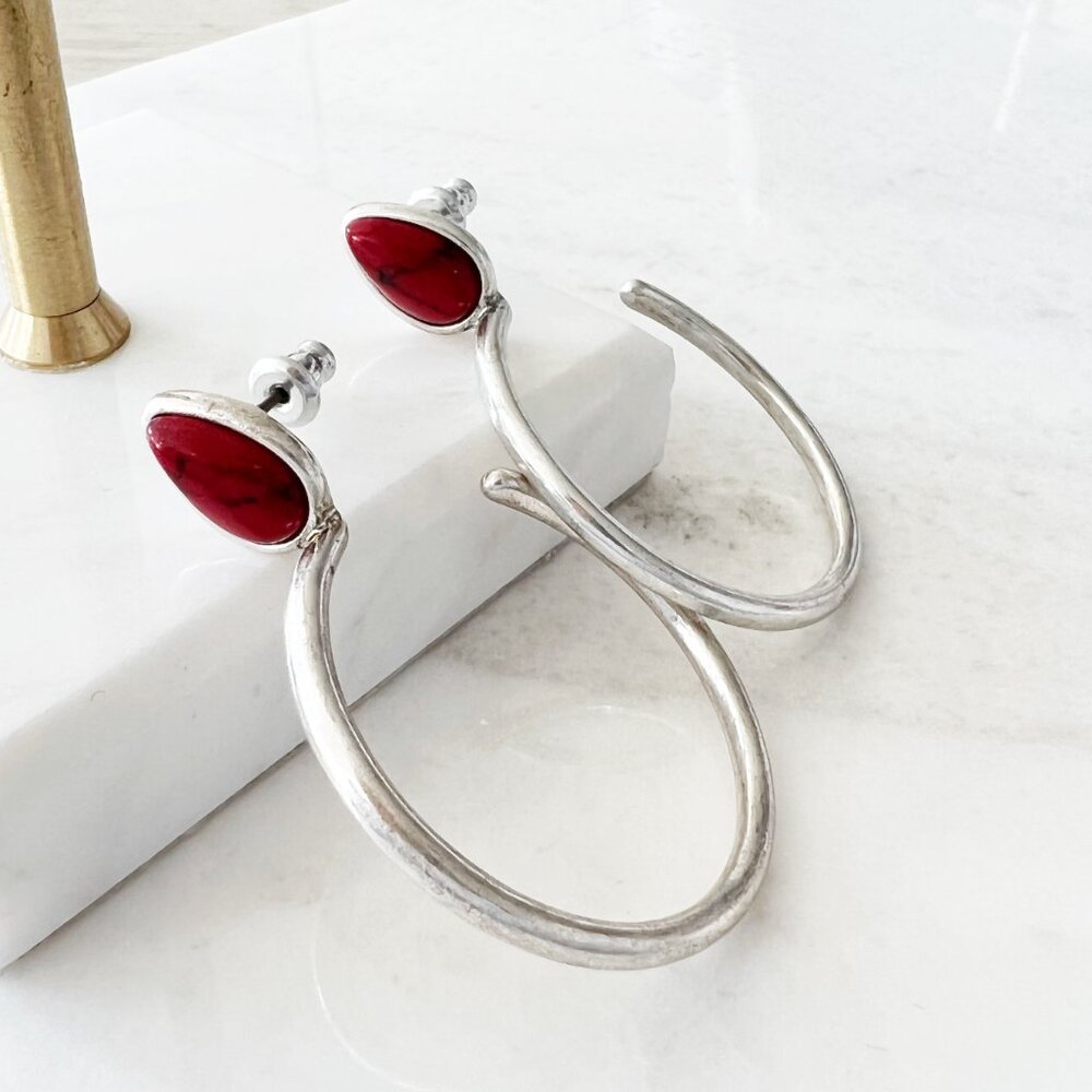 Lucky Brand Silver Tone Red Stone Hoop Earrings